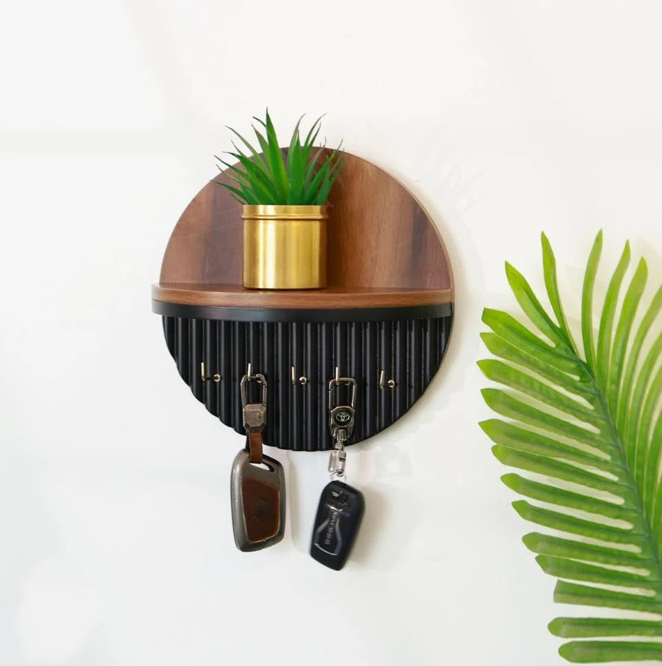 Modern Round Wooden Key Holder with Shelf | Walnut Finish