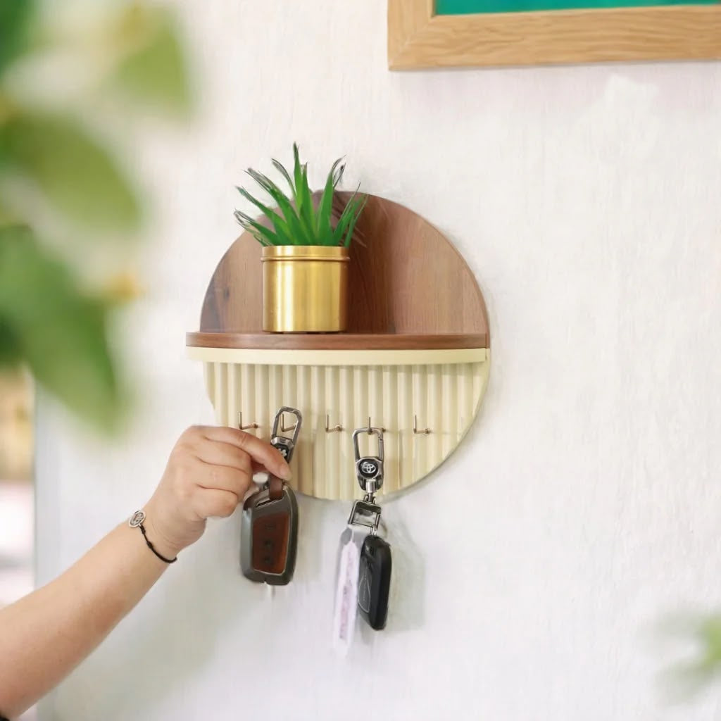 Modern Round Wooden Key Holder with Shelf | Walnut Finish