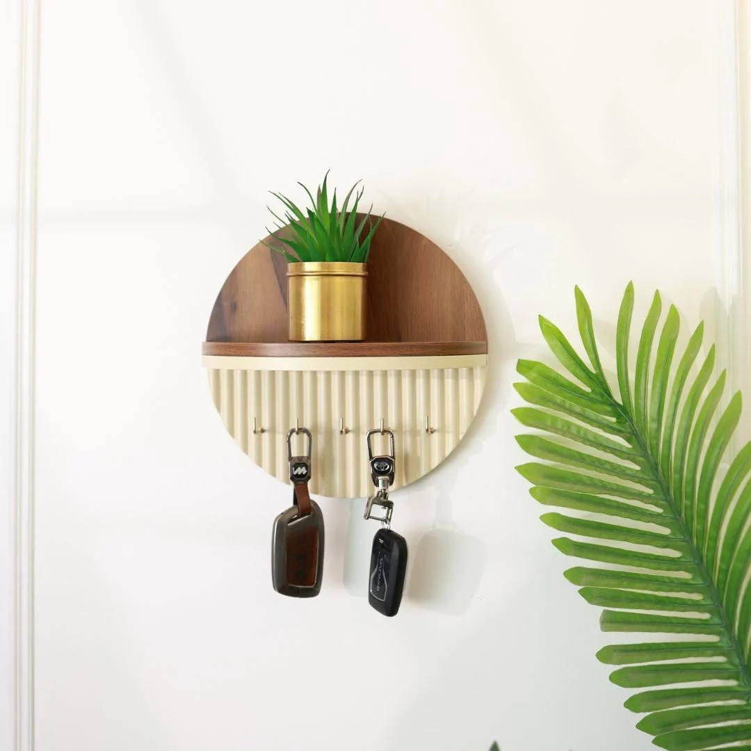 Modern Round Wooden Key Holder with Shelf | Walnut Finish