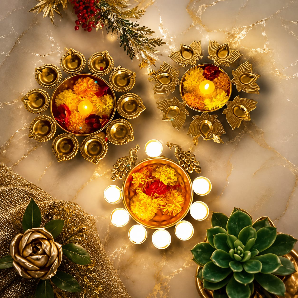 Copper Metal Diya Urli Home,Office Table Decor Diwali Decoration Items for Home Set of 3 (Size 10,10 and 12 inches)