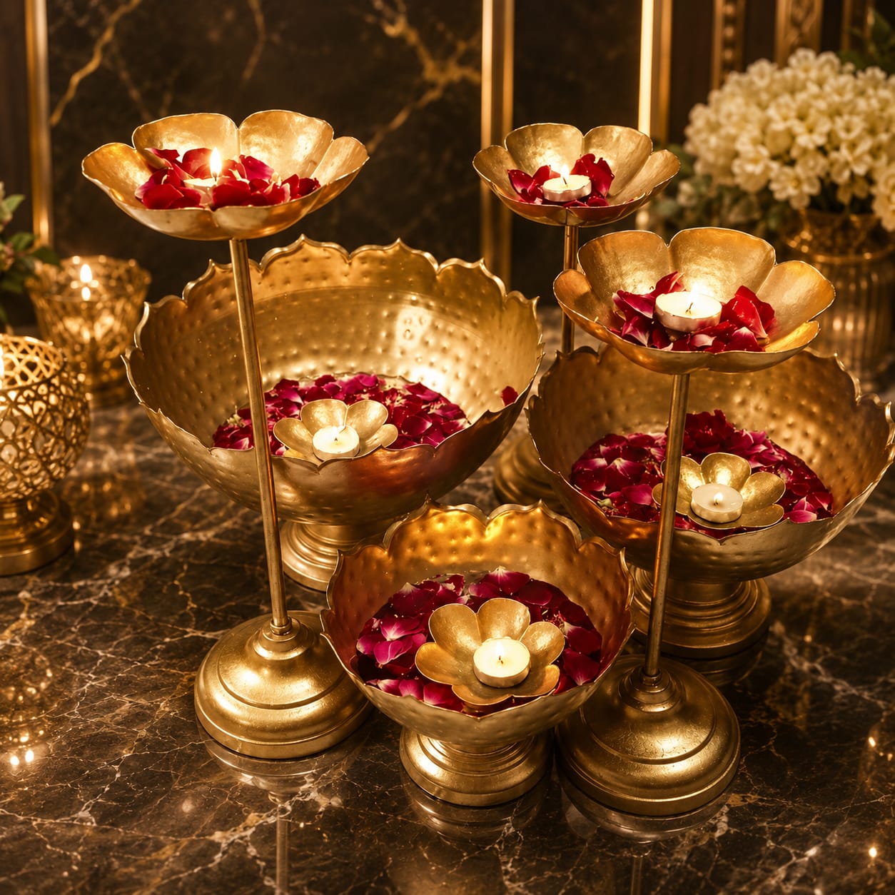 Taj Bowl Urli Candle Stand with Floating Diya | Urli for Home Decor and Festival Decor Size ;- 16,14 and 12 Inch