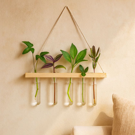 Modern Hanging Test Tube Planter – Wooden Frame Wall Vase with 5 Glass Tubes