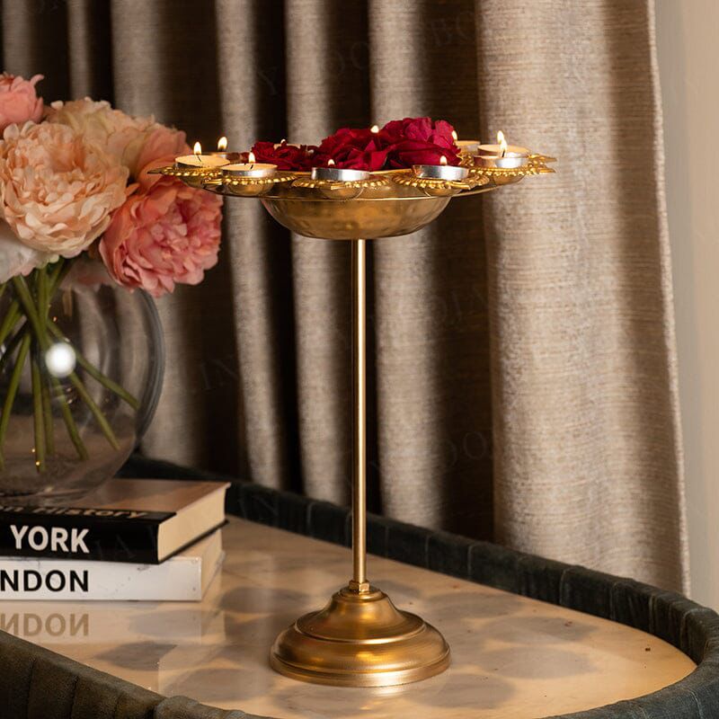 Luxury Metal Urli Bowl Stand Set of 3 with Diya Holders | Decorative Festive Centerpiece for Home Décor