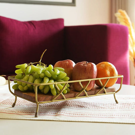 Gold Metal Serving Tray with Wooden Base – Decorative Countertop Organizer