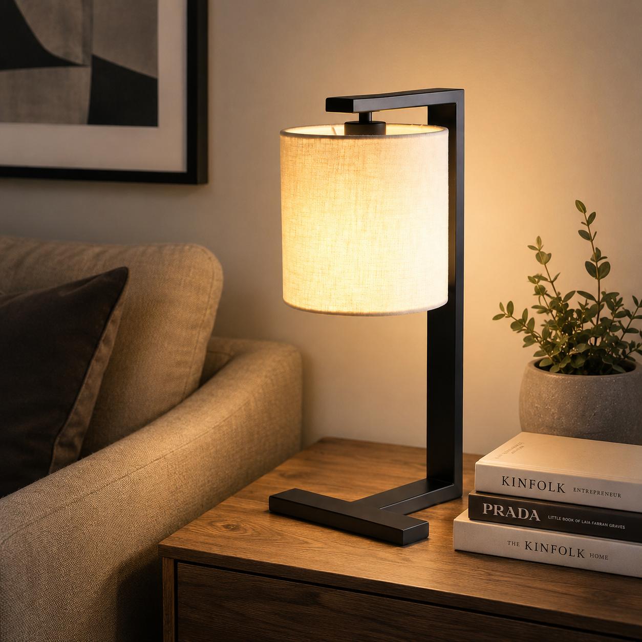 Modern Black Metal Table Lamp with Fabric Shade – Minimalist Bedside & Living Room Lamp
