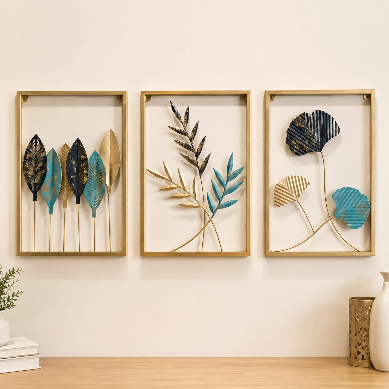 3-Piece Modern Metal Leaf Wall Art | Gold & Blue Decorative Wall Hanging