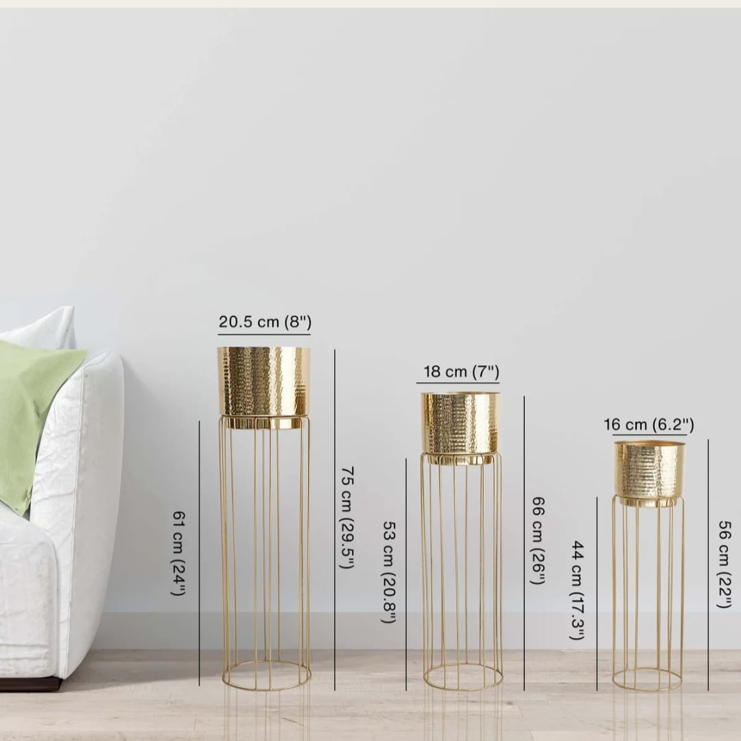 Set of 3 Golden Metal Planter Stands with Decorative Pots