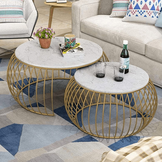 Luxury Round Coffee Table Set with Gold Finish Frame (Set of 2)