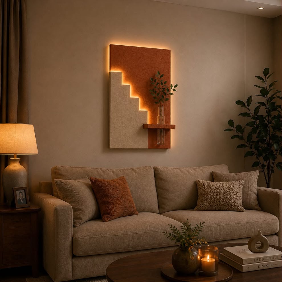 Modern Geometric LED Wall Decor with Wooden Vase Shelf | Contemporary Minimalist Wall Art