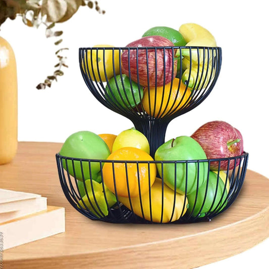 2-Tier Black Metal Fruit Basket Stand – Modern Kitchen Counter Organizer
