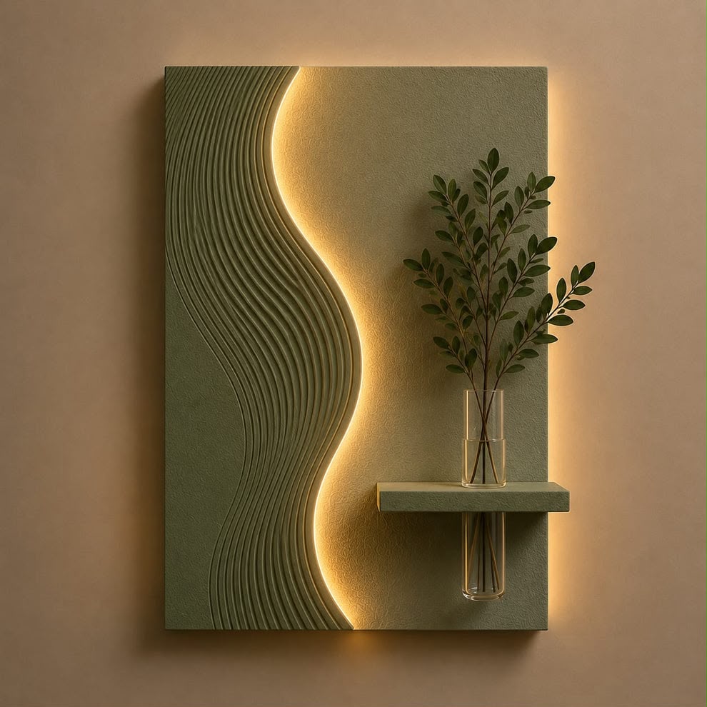 Modern Textured Wave LED Wall Decor with Vase Shelf | Minimalist Wall Art
