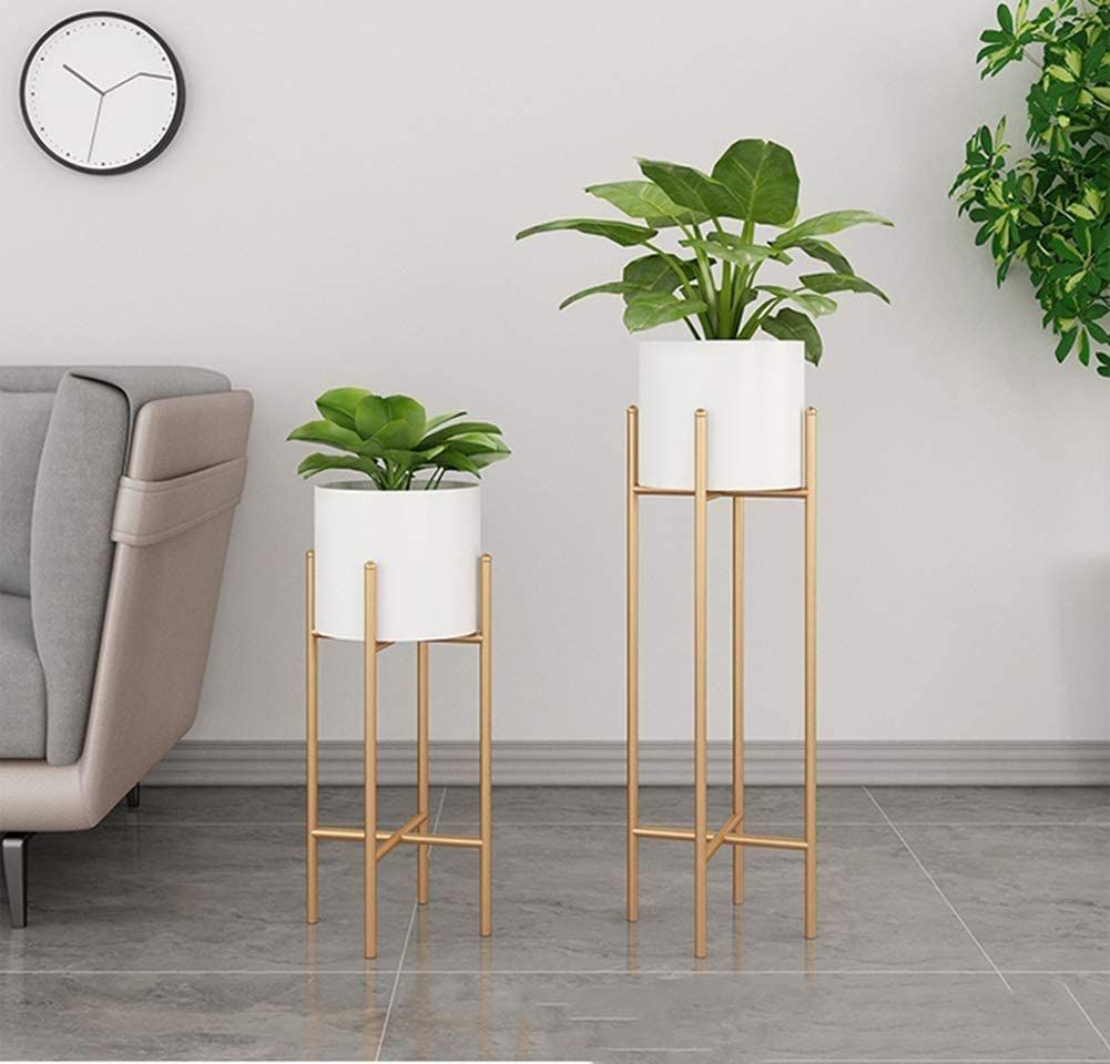 Premium Metal Planter Stand Set of 2 | Gold Finish Indoor Plant Holders with Pots | Modern Flower Pot Display Stands