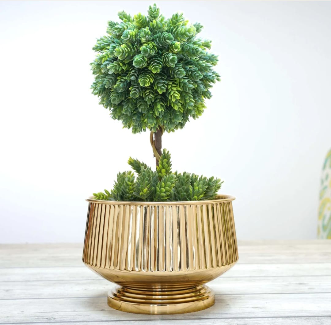Golden Metal Decorative Planter Pot with Ribbed Design