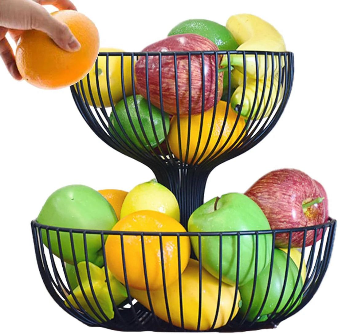 2-Tier Black Metal Fruit Basket Stand – Modern Kitchen Counter Organizer