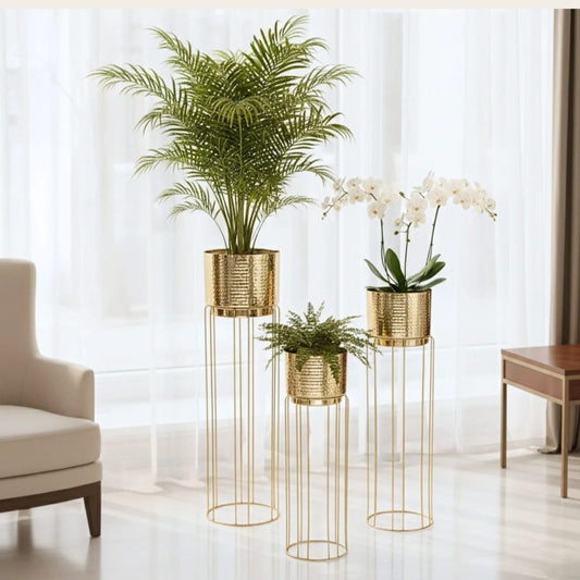 Set of 3 Golden Metal Planter Stands with Decorative Pots