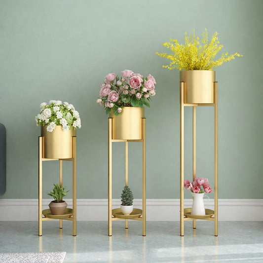 Modern Metal Floor Plant Stand with Planter Pots – Set of 3, Elegant Gold Flower Stands for Home Decor