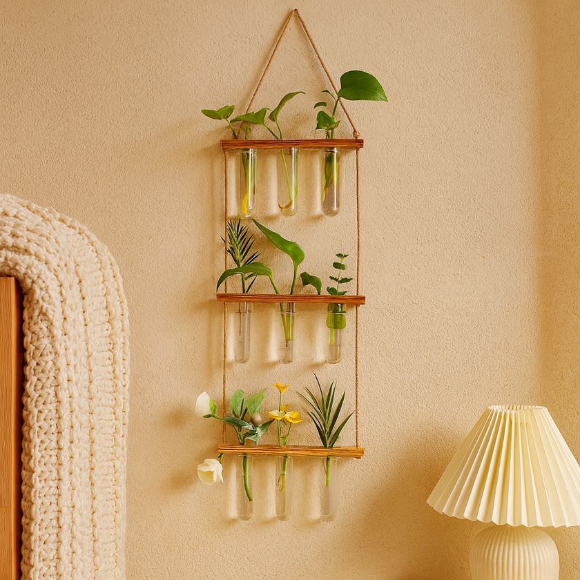 Modern Hanging Test Tube Planter – 3 Tier Wooden Wall Vase with Glass Tubes