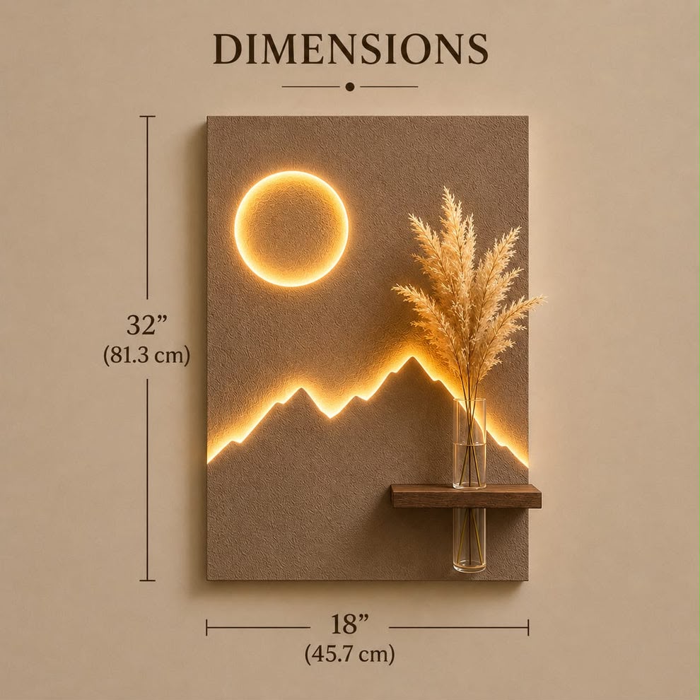 LED Mountain & Moon Wall Decor with Wooden Vase Shelf | Modern Minimalist Wall Art