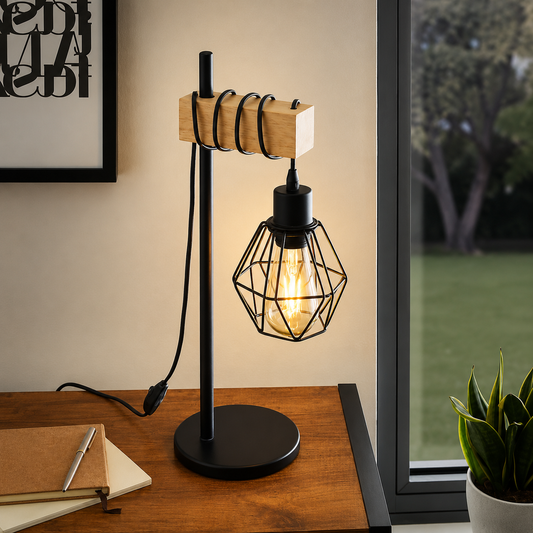 Vintage Industrial Table Lamp with Wooden Accent & Hanging Cage Bulb – Modern Bedside/Desk Light