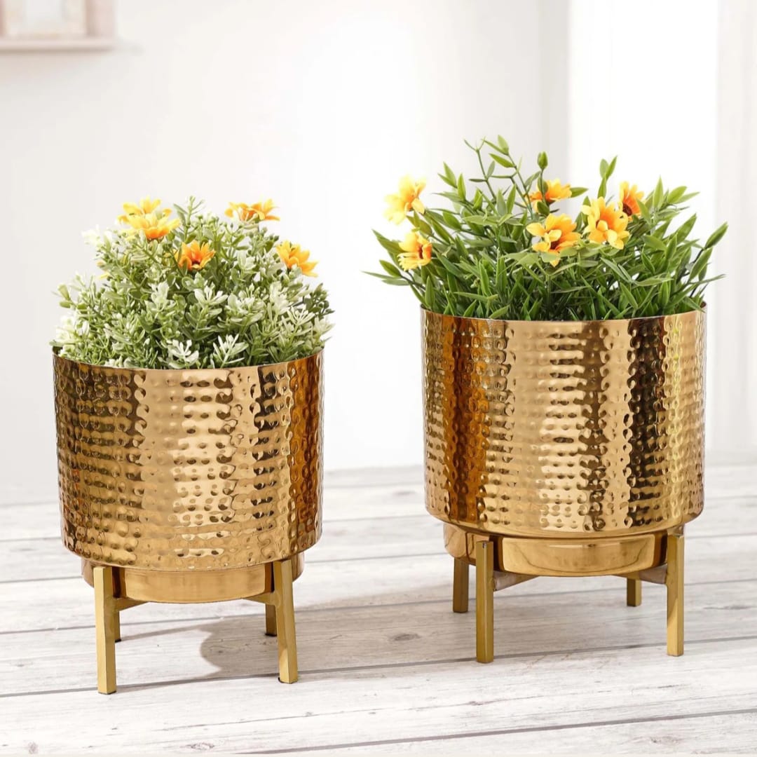 : Set of 2 Golden Hammered Metal Planters with Stands