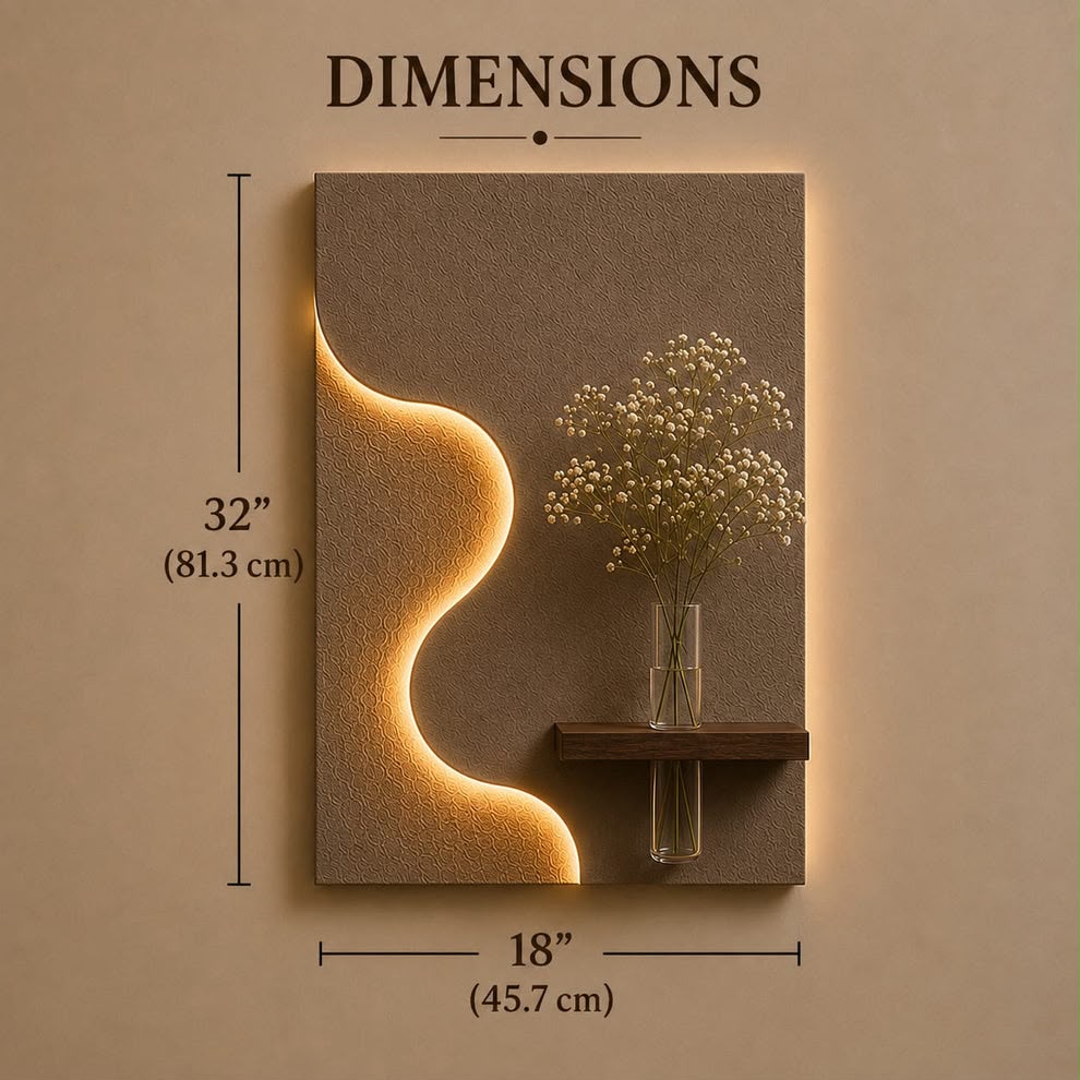 Modern Geometric LED Wall Decor with Wooden Vase Shelf | Contemporary Minimalist Wall Art