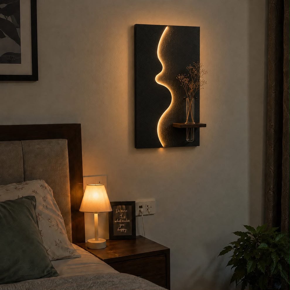 Modern Abstract Face LED Wall Decor with Wooden Vase Shelf | Minimalist Wall Art