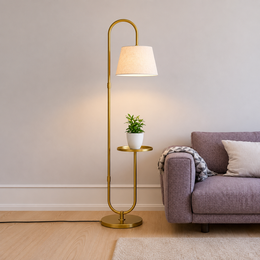 Modern Golden Metal Finish Curved Floor Lamp Standing with Table Shelf