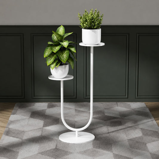 Modern Double-Tier Metal Plant Stand | White Minimalist Flower Pot Holder | Luxury Indoor Plant Display Rack