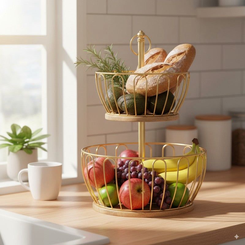 2-Tier Gold Fruit Basket with Wooden Base – Decorative Serving Stand