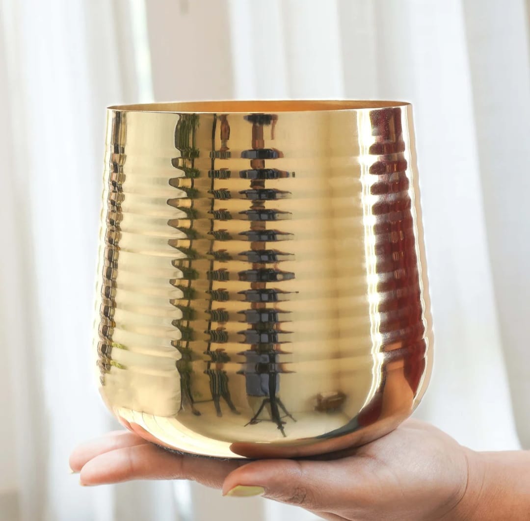 Golden Metal Decorative Planter Pot with Horizontal Ribbed Design
