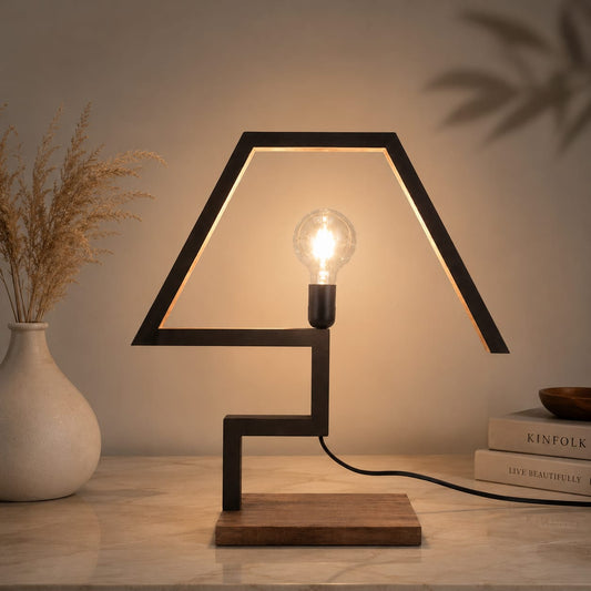 Modern Geometric Wooden Table Lamp with Warm LED Light | Decorative Bedside & Study Lamp