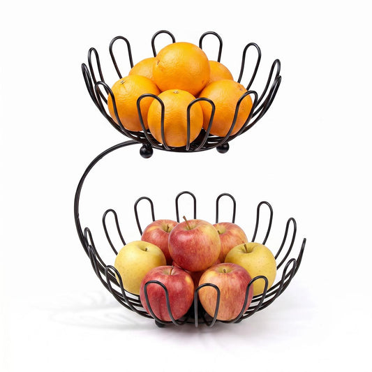 2-Tier Black Metal Fruit Basket Stand – Kitchen Counter Organizer