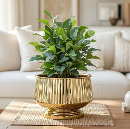 Golden Metal Decorative Planter Pot with Ribbed Design
