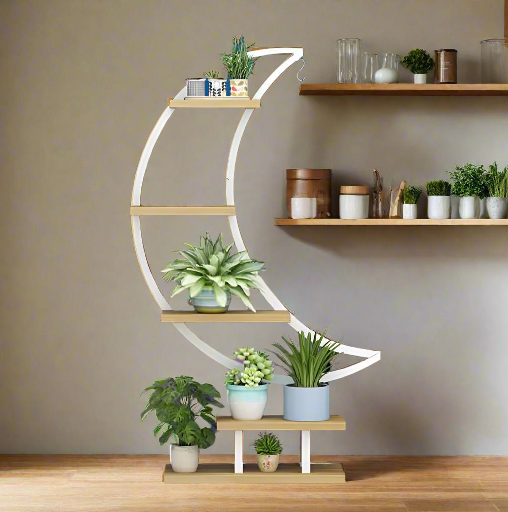 Modern Curved Plant Stand Shelf – Multi Tier Indoor Planter Rack (Wood & Metal Design)