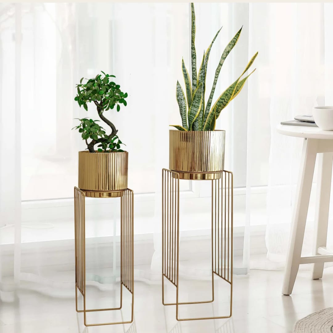 Set of 2 Golden Metal Planter Stands with Decorative Pots