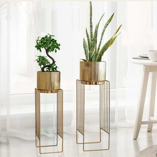 Set of 2 Golden Metal Planter Stands with Decorative Pots