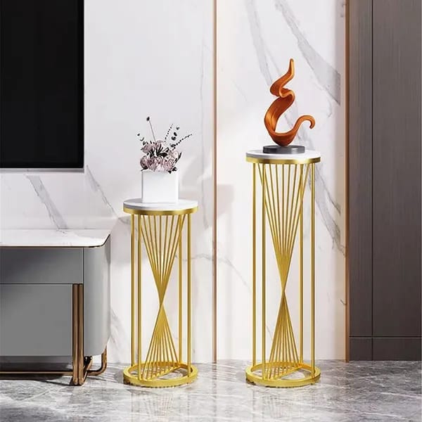 Modern Wooden Top Plant Stand Set with Gold Metal Frame (Set of 2)