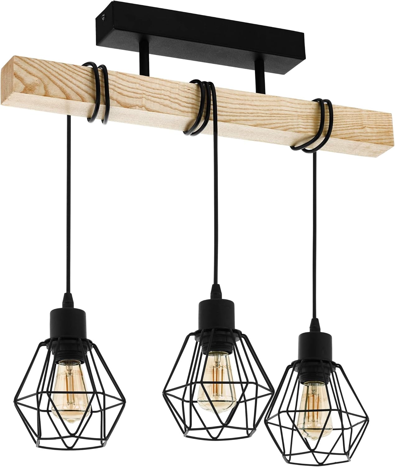 Rustic Wooden 3-Light Ceiling Lamp – Industrial Pendant Light with Metal Cage Shades