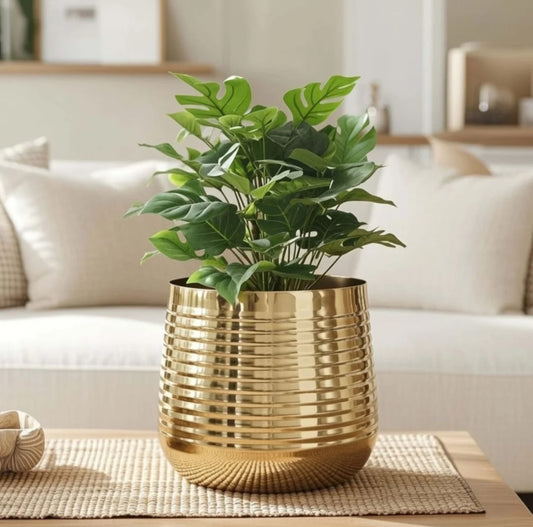Golden Metal Decorative Planter Pot with Horizontal Ribbed Design