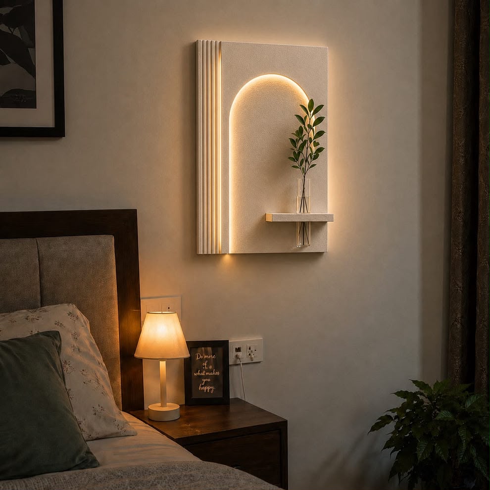 Modern Geometric LED Wall Decor with Wooden Vase Shelf | Contemporary Minimalist Wall Art