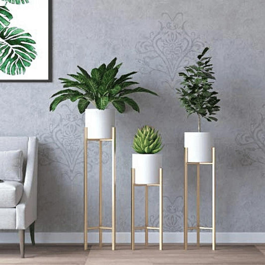 Stylish Metal Plant Stand Set of 3 – Decorative Indoor Planter Holders (Gold Frame)