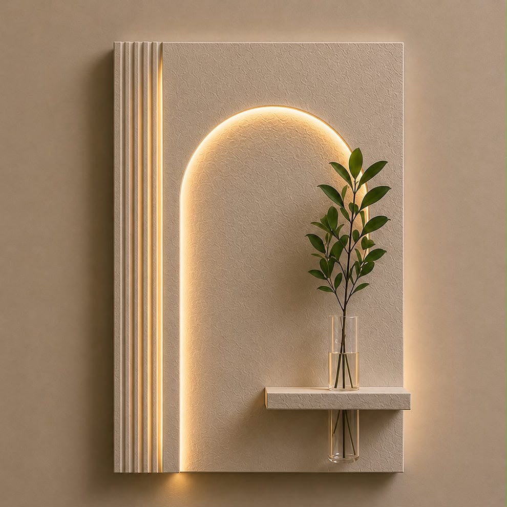 Modern Geometric LED Wall Decor with Wooden Vase Shelf | Contemporary Minimalist Wall Art