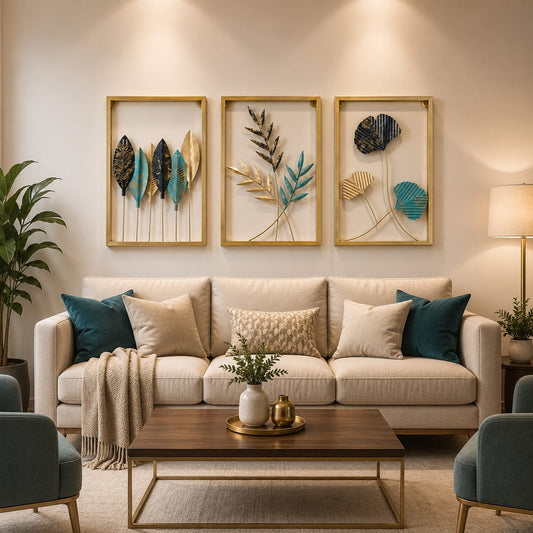3-Piece Modern Metal Leaf Wall Art | Gold & Blue Decorative Wall Hanging