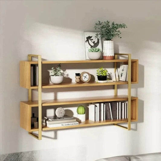 4-Tier Wooden Wall Shelf with Gold Metal Frame – Modern Floating Display Rack