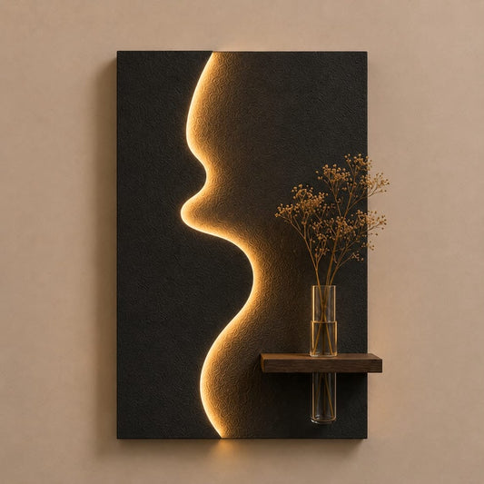 Modern Abstract Face LED Wall Decor with Wooden Vase Shelf | Minimalist Wall Art