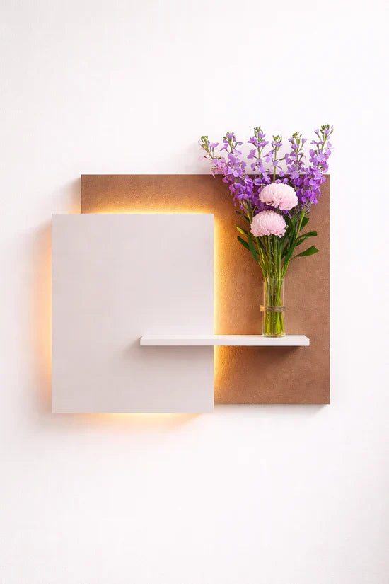Modern LED Wall Art Shelf with Glass Vase Holder | Luxury Illuminated Floating Shelf | Decorative Wall Panel for Home Décor