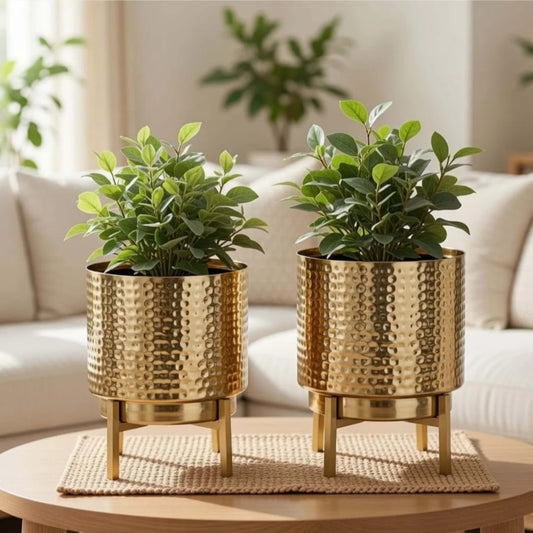 : Set of 2 Golden Hammered Metal Planters with Stands