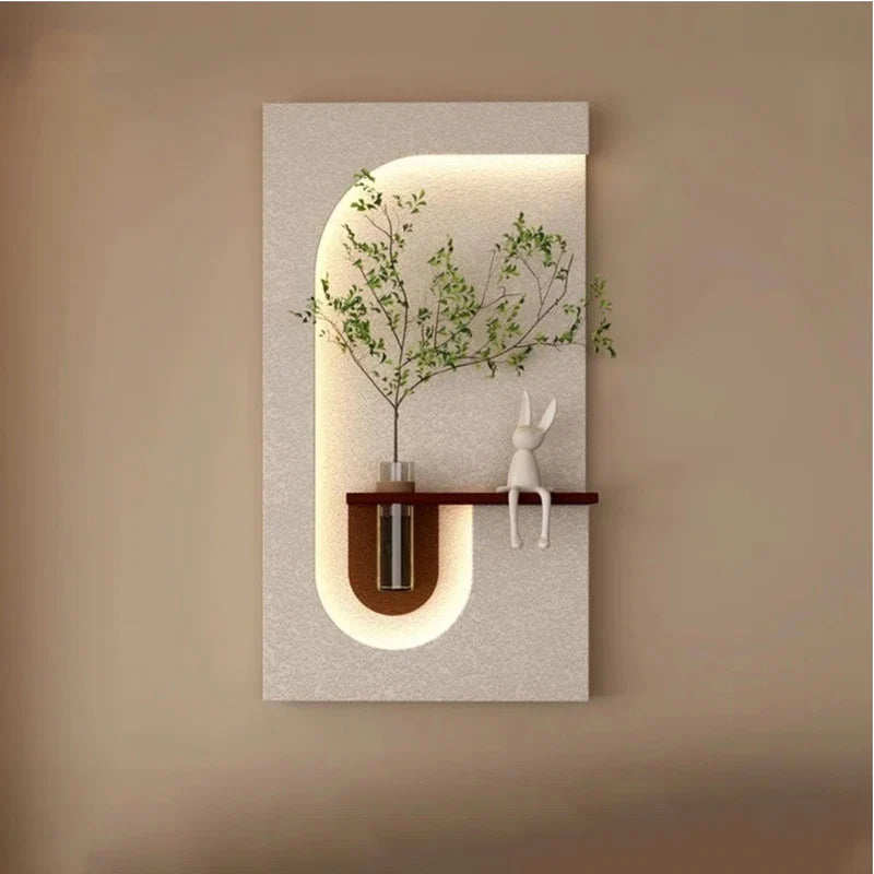 Modern LED Wall Décor Shelf with Plant Vase & Artistic Design Panel”