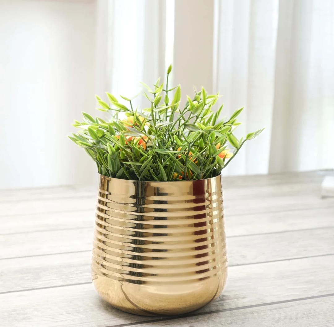 Golden Metal Decorative Planter Pot with Horizontal Ribbed Design