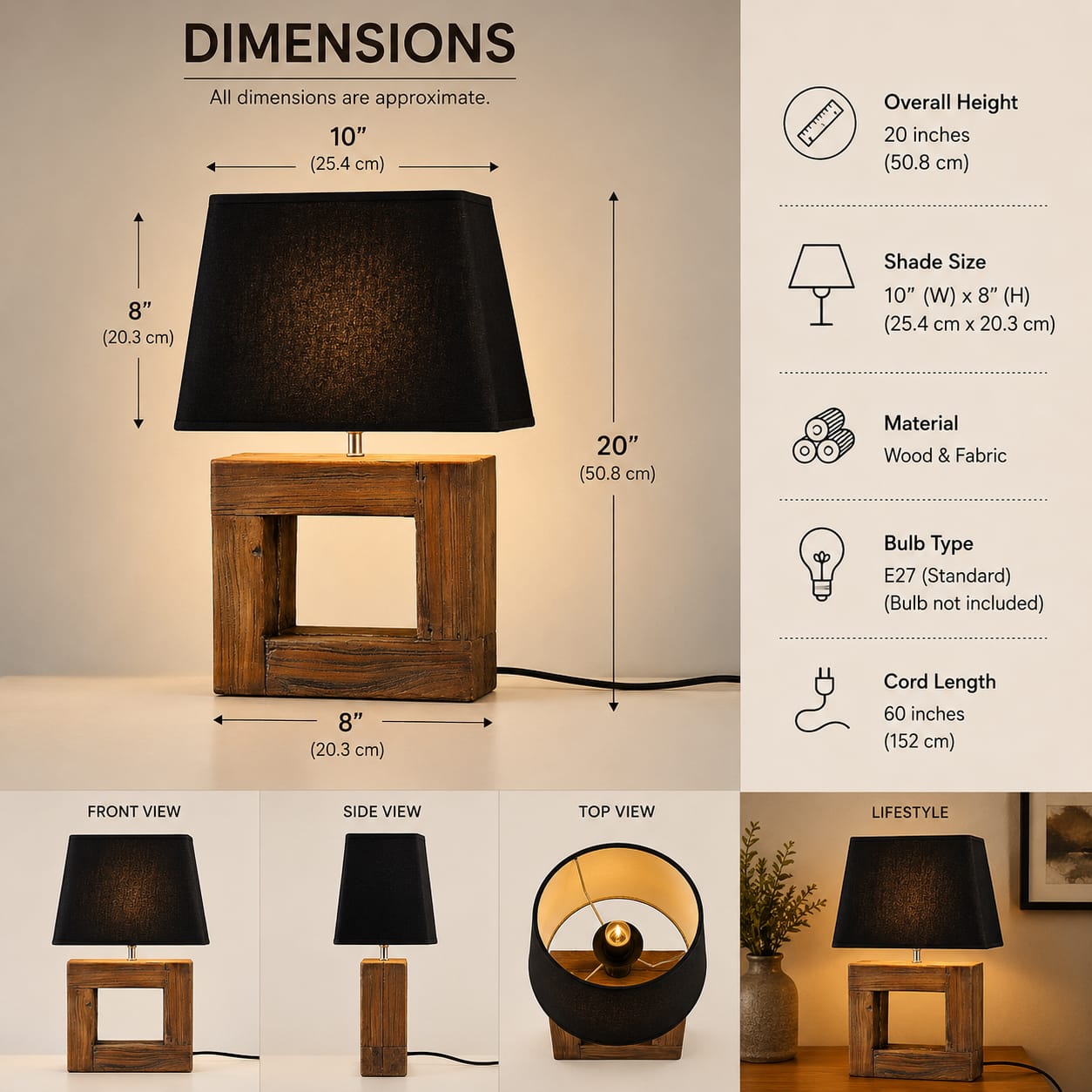 Rustic Wooden Table Lamp with Black Fabric Shade – Modern Bedside & Living Room Lamp